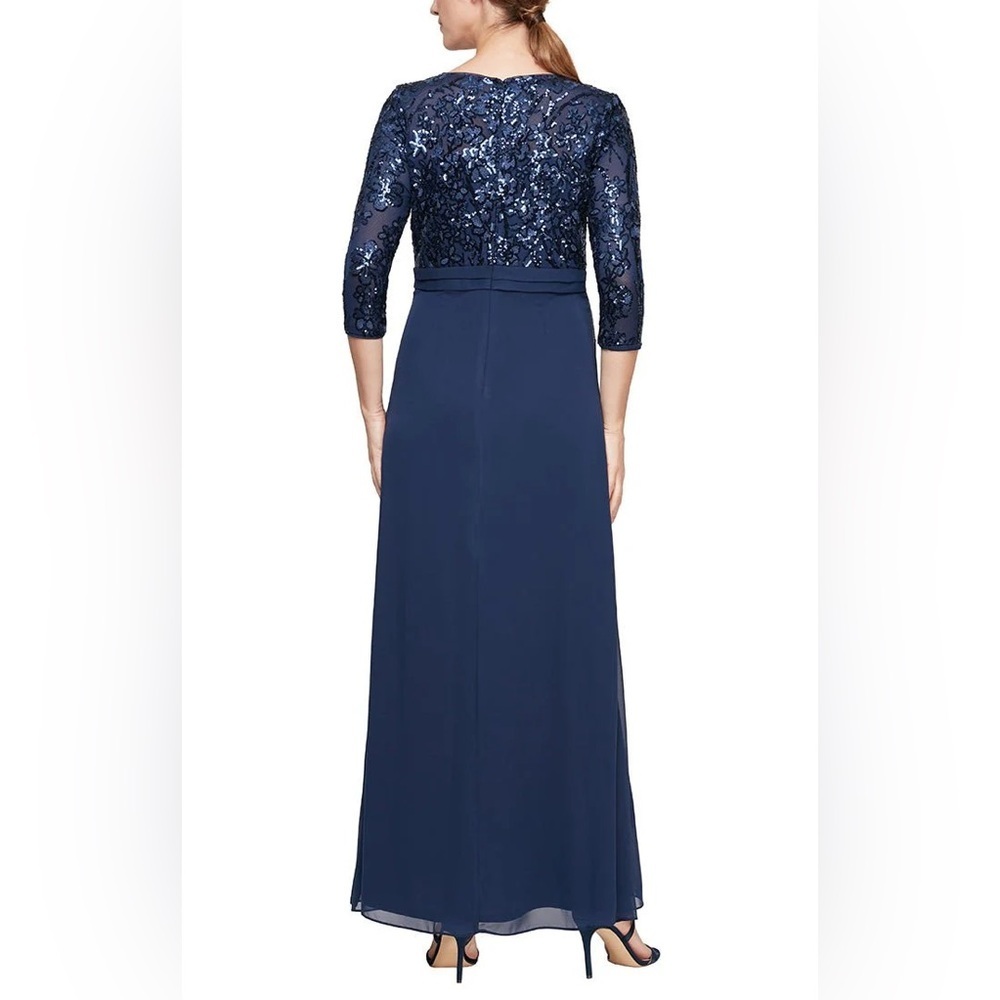 Alex Evenings Navy Blue Sequined V-Neck Chiffon Gown Size 14 NWT - Picture 2 of 9